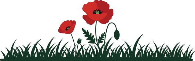 Red poppy flowers blooming in green grass illustration with natural flow and simple design vector