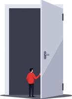 Man in red jacket opening large white door illustration in minimal style vector