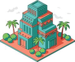 Mesopotamian Ziggurat Building Ancient Architecture Illustration with Palm Trees and Bushes vector
