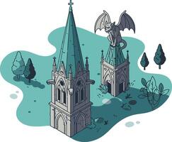 Gothic cathedral towers with dragon statue illustration in muted colors and isometric style vector