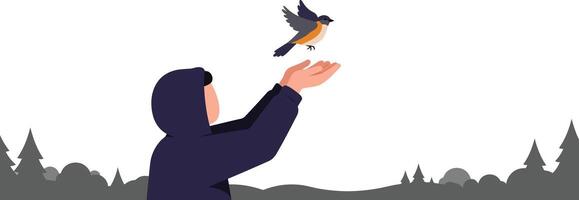 Child in hood releasing bird with forest silhouette nature outdoor scene illustration vector