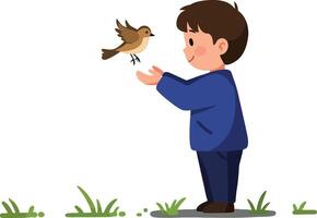 Little boy feeding bird on grass illustration with blue clothing and nature scene vector