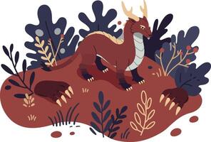 Red and brown dragon resting on rock with dark blue plants illustration vector