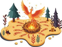 Phoenix bird rising from fire nest surrounded by trees and plants in fantasy forest scene illustration vector