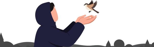Person in dark hoodie releasing small bird over city skyline illustration calm peaceful atmosphere vector