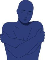 Blue monochrome person hugging self in calm introspective pose illustration vector