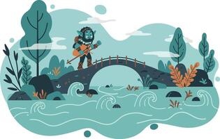 Diver exploring underwater landscape with bridge and aquatic plants illustration vector
