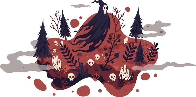 Dark grim reaper figure surrounded by spooky trees and skulls in eerie forest landscape illustration