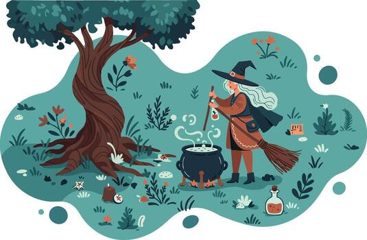 Witch brewing potion in forest clearing with large tree and magical elements illustration vector