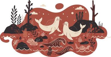 Two seals in stylized underwater scene with seaweed and rocks in brown and beige illustration vector