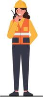 Female Construction Worker Wearing Safety Vest and Helmet Using Walkie Talkie on Site Illustration vector