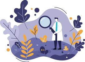 Scientist examining environment with magnifying glass in nature scene illustration vector