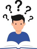 Confused man reading book with question marks above head learning and thinking concept illustration vector