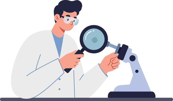 Scientist examining microscope in lab coat and safety glasses illustration for research and science concepts vector