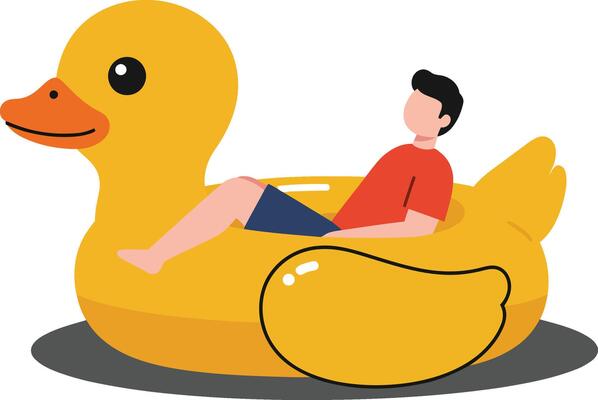 Boy sitting in large yellow rubber duck float enjoying leisure water activity fun illustration