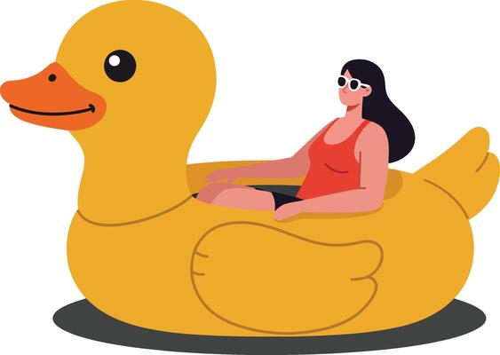 Woman Relaxing on Large Yellow Rubber Duck Pool Float Illustration Art