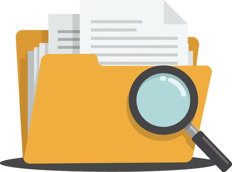 Folder with documents and magnifying glass illustration for file search and data analysis concept vector