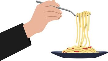 Hand holding fork with spaghetti pasta on plate illustration for food dining concept vector