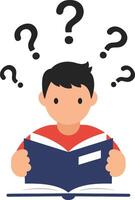 Confused person reading book with question marks above head learning concept illustration vector