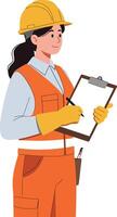 Female Construction Worker Wearing Safety Helmet and Vest Holding Clipboard Illustration. vector
