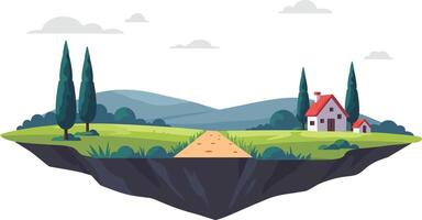 Floating island landscape with green grass and small house under cloudy sky illustration vector