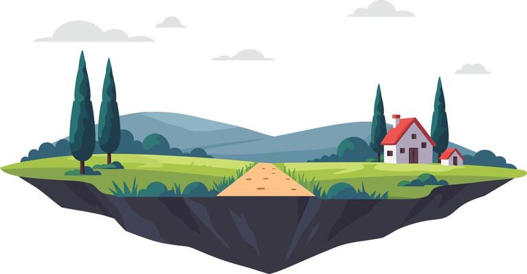 Floating island landscape with green grass and small house under cloudy sky illustration