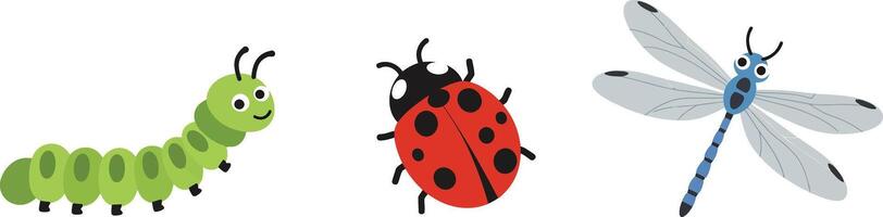 Green caterpillar, red ladybug, and blue dragonfly illustration in simple style vector