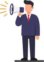 Businessman in navy suit holding megaphone announcing corporate message illustration vector