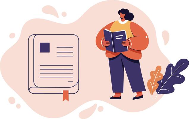 Person standing reading book near large document icon with abstract background in modern style