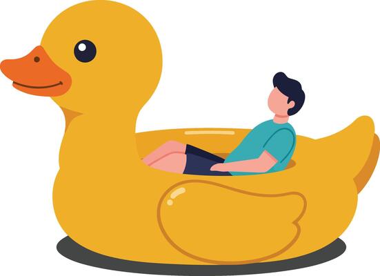 Man Relaxing on Large Yellow Rubber Duck Pool Float Illustration in Summer Leisure Scene