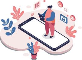 Person standing on giant smartphone with digital icons around modern technology concept illustration vector