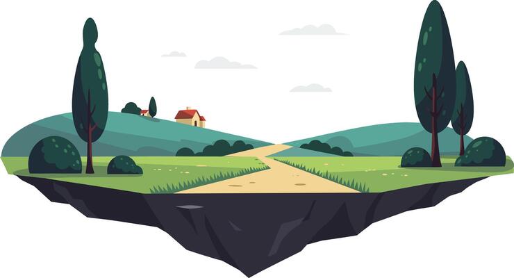 Floating green landscape with crossroads and distant house under cloudy sky illustration