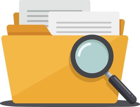 Yellow folder with documents and magnifying glass for data search and organization in office environment illustration vector