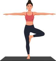 Woman practicing yoga tree pose on mat in fitness workout session illustration vector