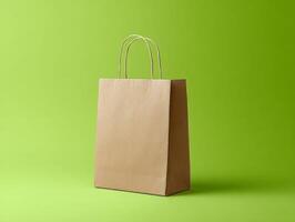 Brown paper bag on green backdrop. Eco-friendly setup for shopping or retail themes, perfect for sustainable or modern designs. Ideal for packaging or nature visuals. photo