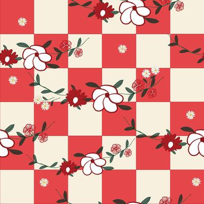 Plaid red and white gingham pattern with flowers