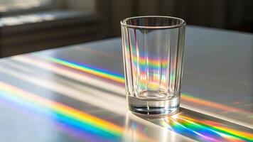 Sunlight refracts through a glass, creating a colorful spectrum on the table photo