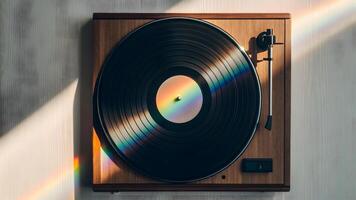 Prismatic reflections on a vintage record player with a spinning vinyl disc photo
