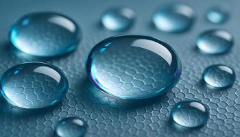 Macro photo of spherical water droplets over hexagonal textured surface with optical rainbow refraction in clean scientific tone