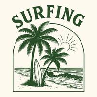 Surfing logo with palm trees and surfboard vector