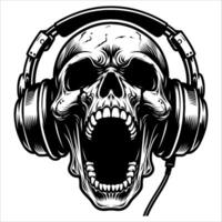 Black and White Line Art of Skull with Headphones Listening to Music vector