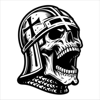 Monochrome Crusader Skull Screaming with Cross Helmet Line Drawing vector