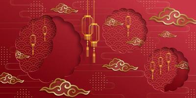 Red background with golden lanterns and clouds vector