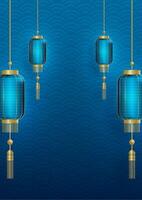 Chinese frame with blue lanterns on color background vector