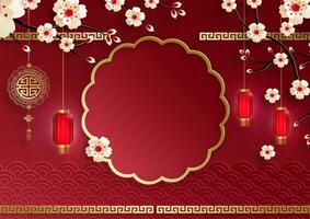 Red floral background with traditional lanterns vector