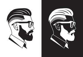 Hipster face portrait with full beard and mustache. Haircut black and white background illustration vector