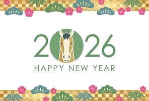 2026, The Year Of The Horse, Greeting Card Template With A Cute Horse Face And Japanese Vintage Patterns. vector