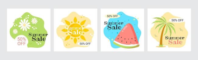 Summer sale. Set of posters with watermelon, palm tree, sun and daisies. Banners for seasonal promotion. vector