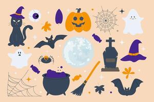 Halloween set of elements. Pumpkin, cat, ghosts, cobwebs, bats. vector