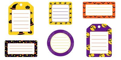 Set of round, square and rectangle halloween labels. Halloween stickers and labels with bats, spiders, whitch hat in orange, purple, yellow and black colors. vector